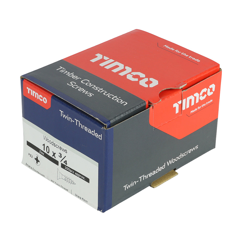 10 x 3/4 - Twin Woodscrew PZ2 CSK Zinc