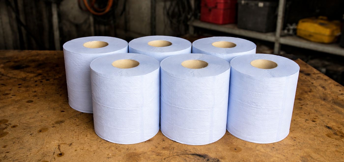 Six rolls of paper towels on a wooden surface with a workshop background