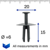 Push Fit Plastic Rivet, 6mm Hole, 20mm Collar, Black - image 2