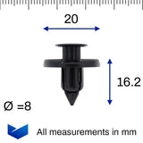 Push Fit Plastic Rivet, 8mm Hole, 20mm Collar, Black, Type A - image 2