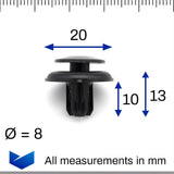 Push Fit Plastic Rivet, 8mm Hole, 20mm Collar, Black, Type B - image 2