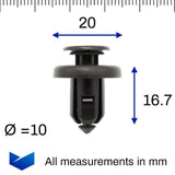 Push Fit Plastic Rivet, 10mm Hole, 20mm Collar, Metal Insert- Short, Black - image 2